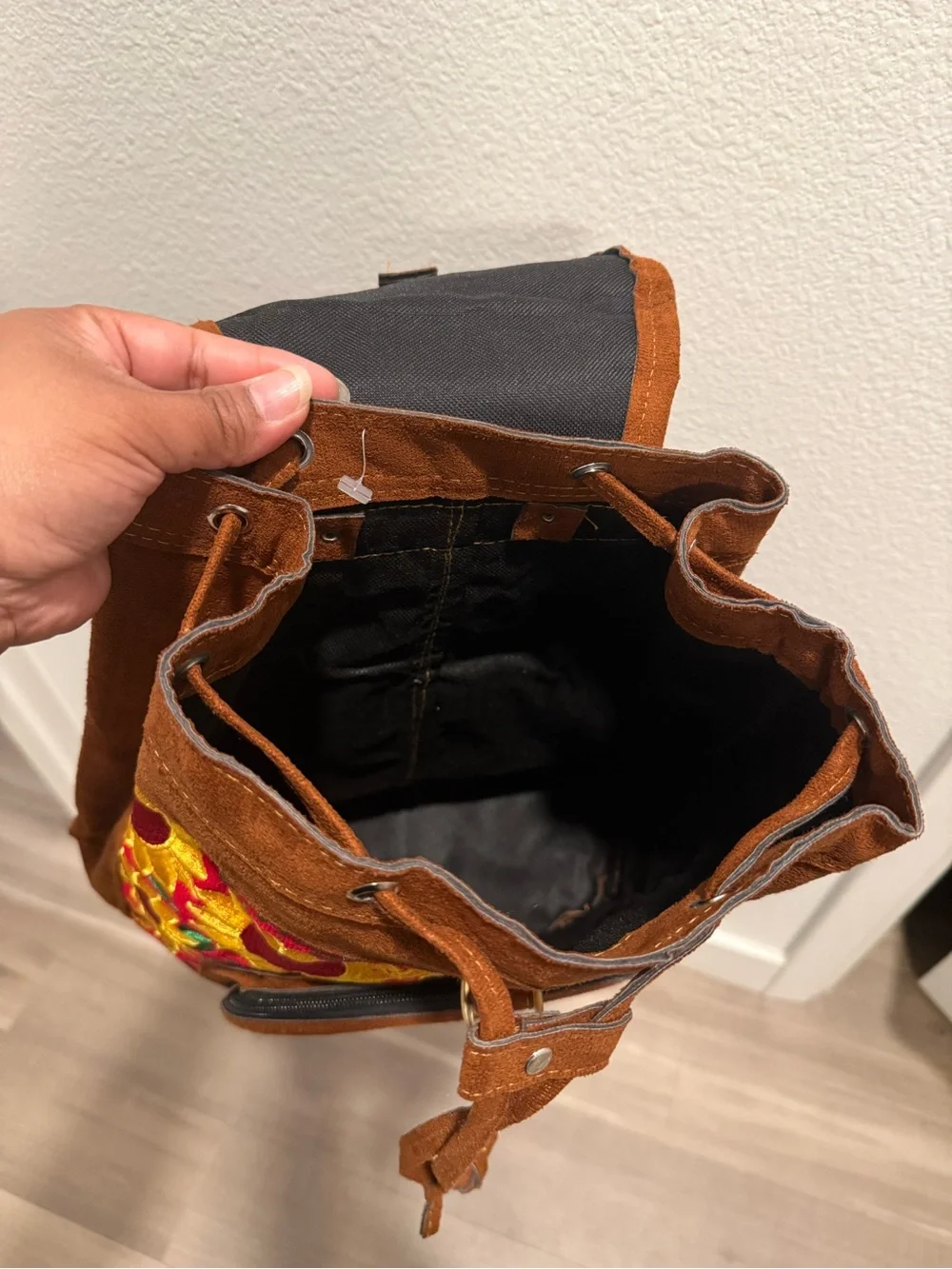 Sunflower Embroidered Suede Backpack - Brown